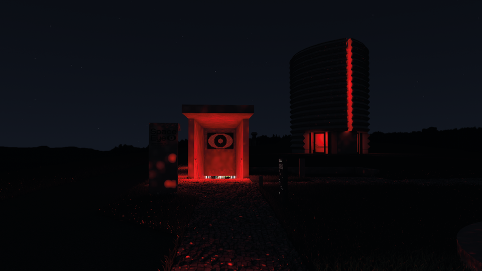 Rendering des Space Eye bei Nacht mit rotem Licht gegen Lichtverschmutzung im Dark Sky Gebiet | © Velvet Creative Office