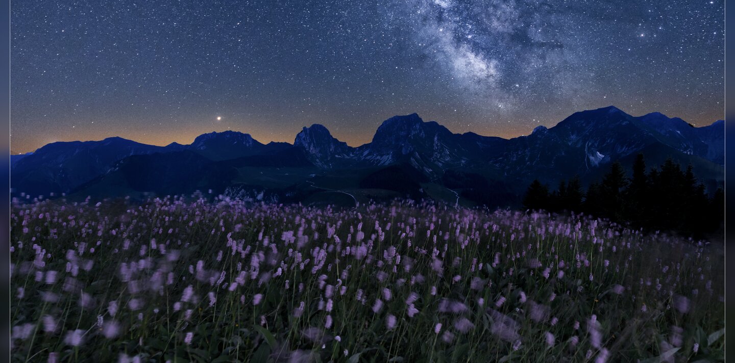 Gantrisch Gebirge bei Nacht mit der Milchstrasse und Sternen am Himmel Dark Sky  | © Holger Herbst